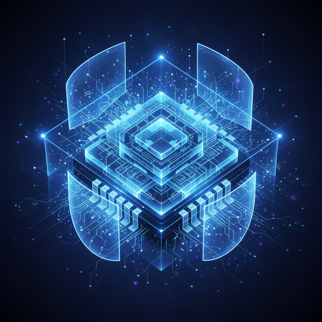 Abstract representation of a glowing blue microchip or digital core, high tech, futuristic, secure