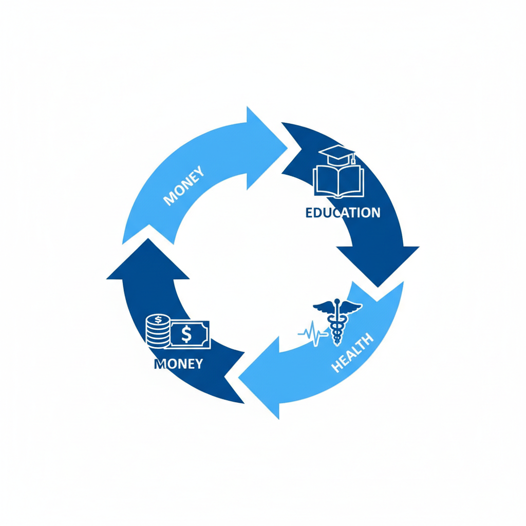 An abstract cycle diagram showing money leading to education leading to health leading back to money, circular concept, minimal blue tone