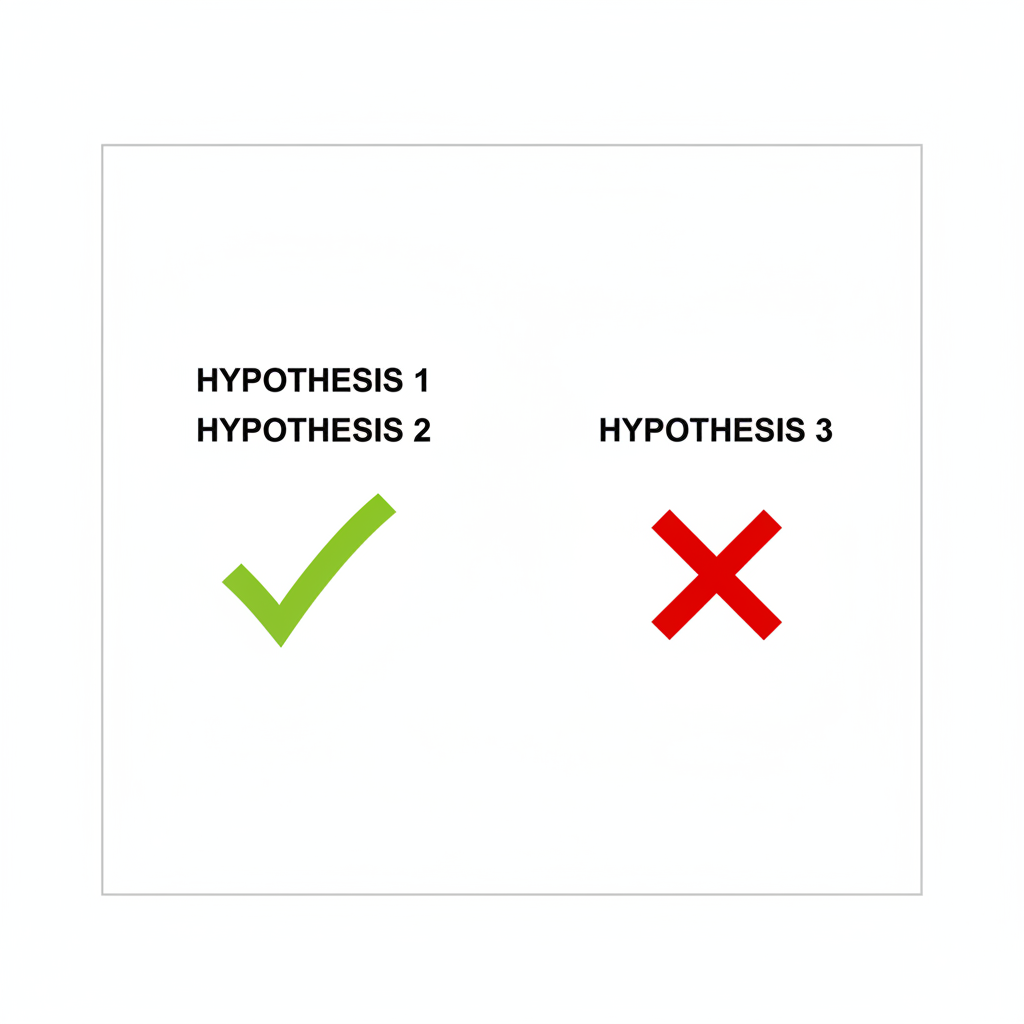 minimalist icon illustration of a checkmark for hypothesis 1 and 2, and a cross for hypothesis 3
