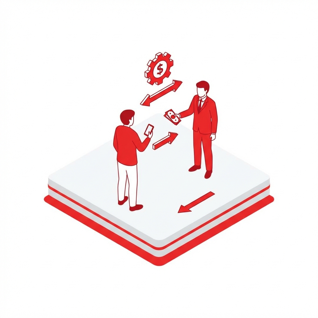 simple isometric illustration of money exchange transaction between smartphone user and professional worker, red and white color scheme