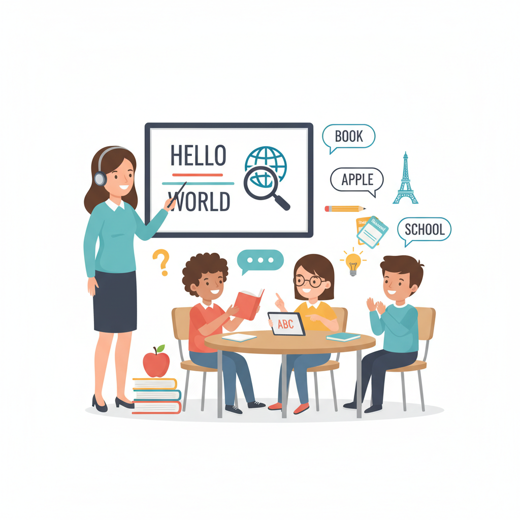 cute cartoon illustration of students learning english, vector style, flat design, white background, educational