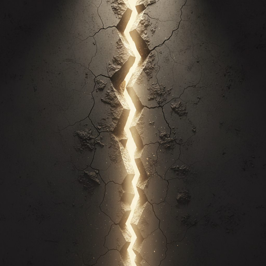 minimalist art showing light beam breaking through a crack in a dark wall, hope metaphor, organic texture, photorealistic lighting