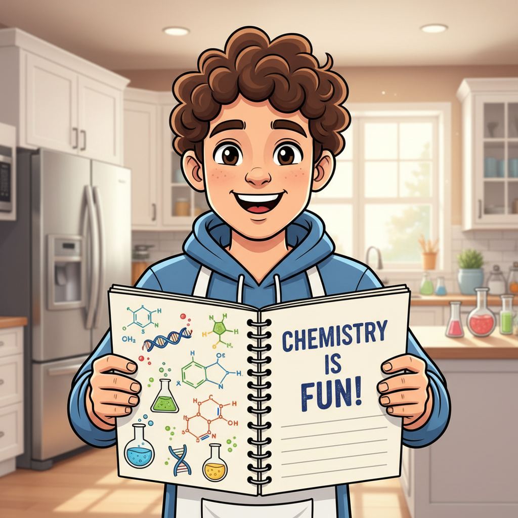 happy student in kitchen holding a notebook with chemistry formulas drawn on it, cartoon style