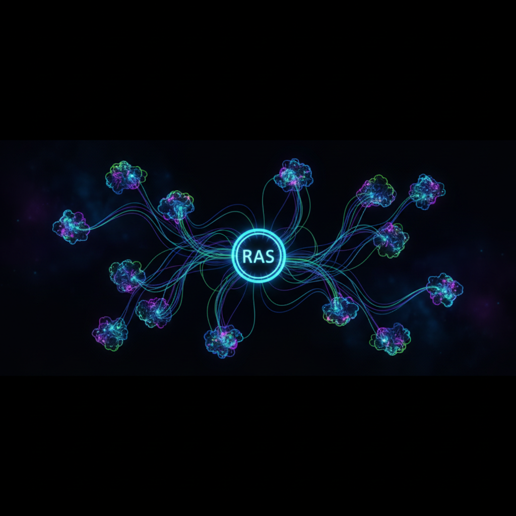 cytoscape style network graph focused on a central hub node labelled RAS, with radiating connections, showing network clustering, dark background, neon edges