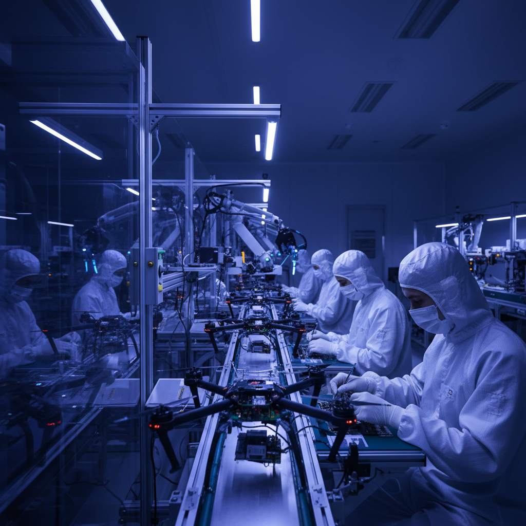 Industrial assembly line of drones, clean room, technicians assembling electronics, dark cool lighting