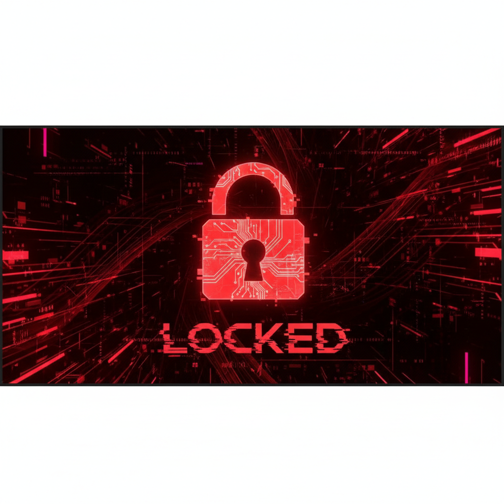 digital screen with a large red padlock icon and glitch text saying LOCKED, cyberpunk style red and black