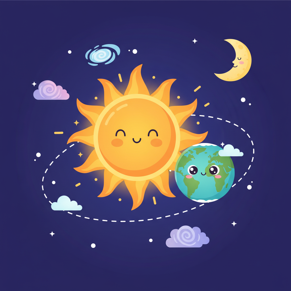 cute cartoon illustration of planet earth orbiting a smiling sun, space background, simple educational style for 6 year olds
