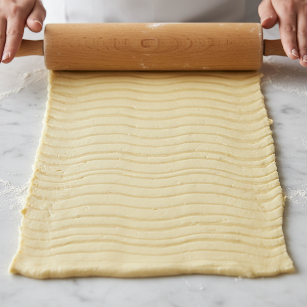 Close up of laminated dough layers raw pastry being rolled out