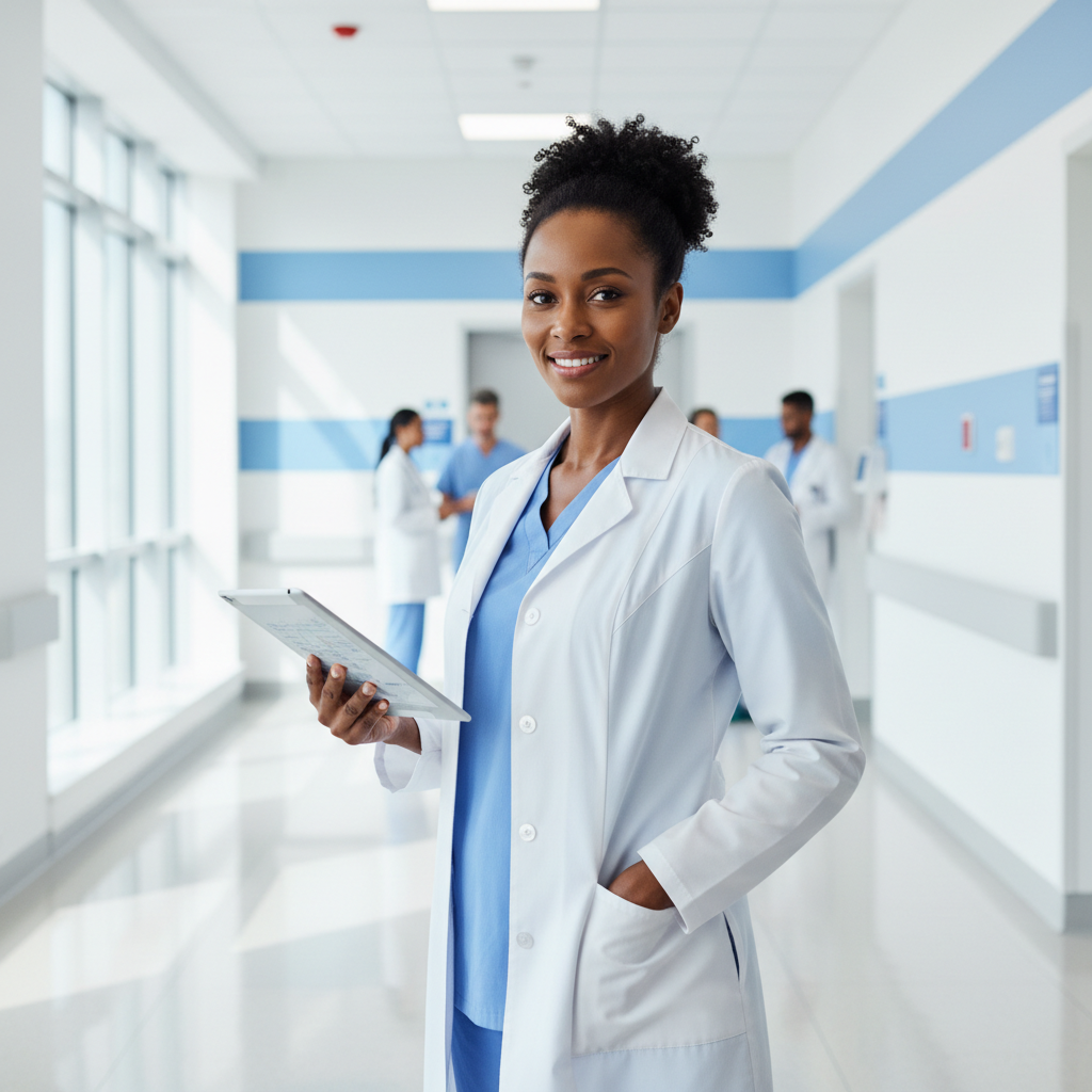Portrait of a confident Black female doctor standing in a bright, modern hospital corridor with white and blue tones, daylight, clean clinical environment, professional attire, holding a digital tablet, high quality, photorealistic