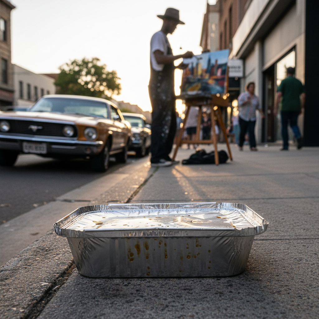 Close up of a plate of soul food covered in tinfoil, near a city street curb, 1970s style, painter working in background, photorealistic