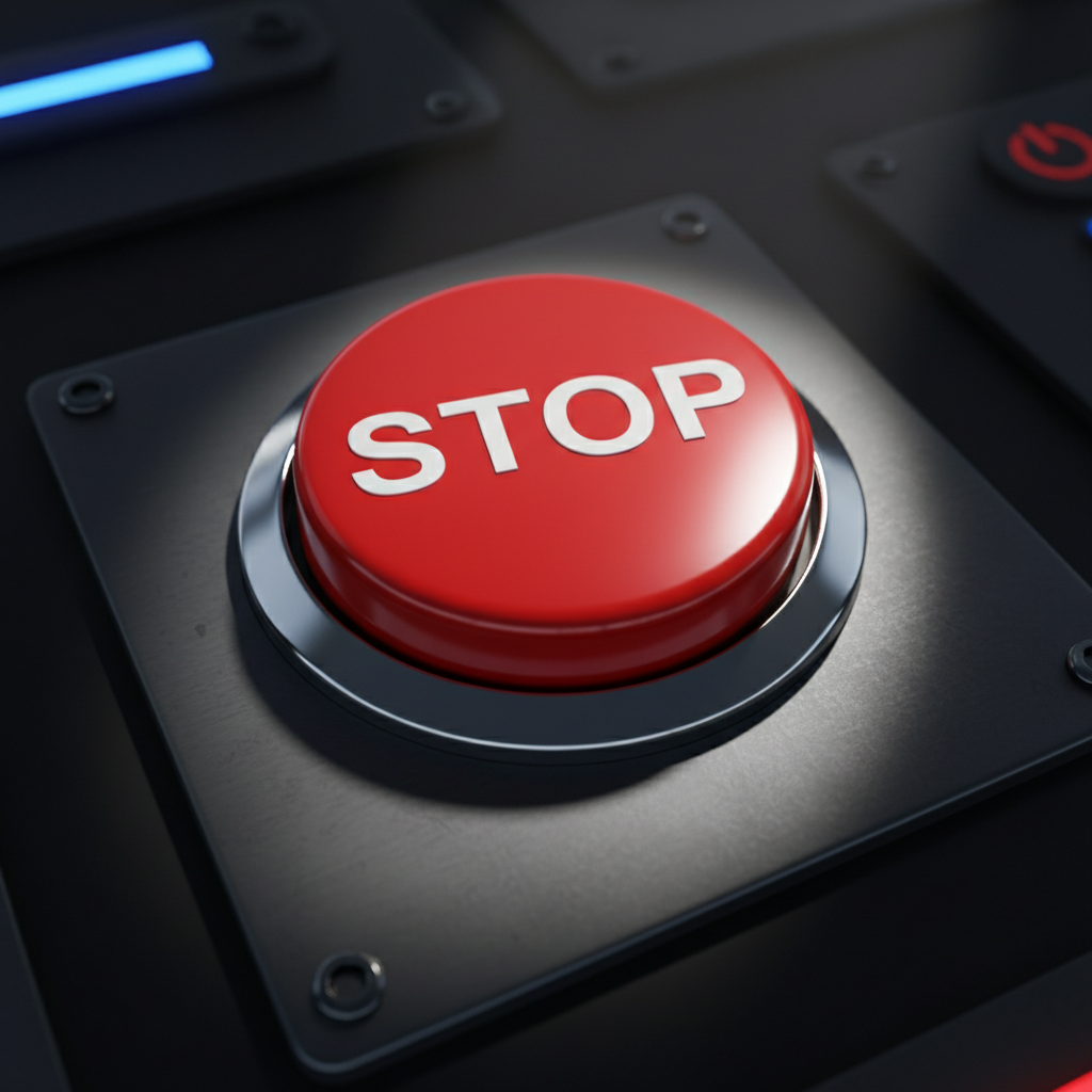 Big red button labeled STOP, dramatic lighting, 3d render