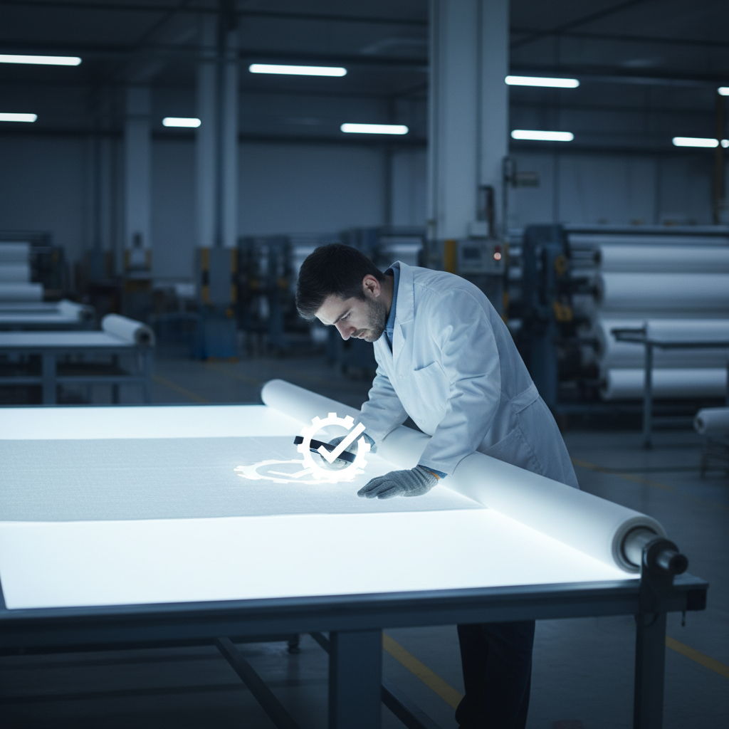 Worker inspecting fabric on a light table, high contrast, symbol of quality control, clean industrial setting