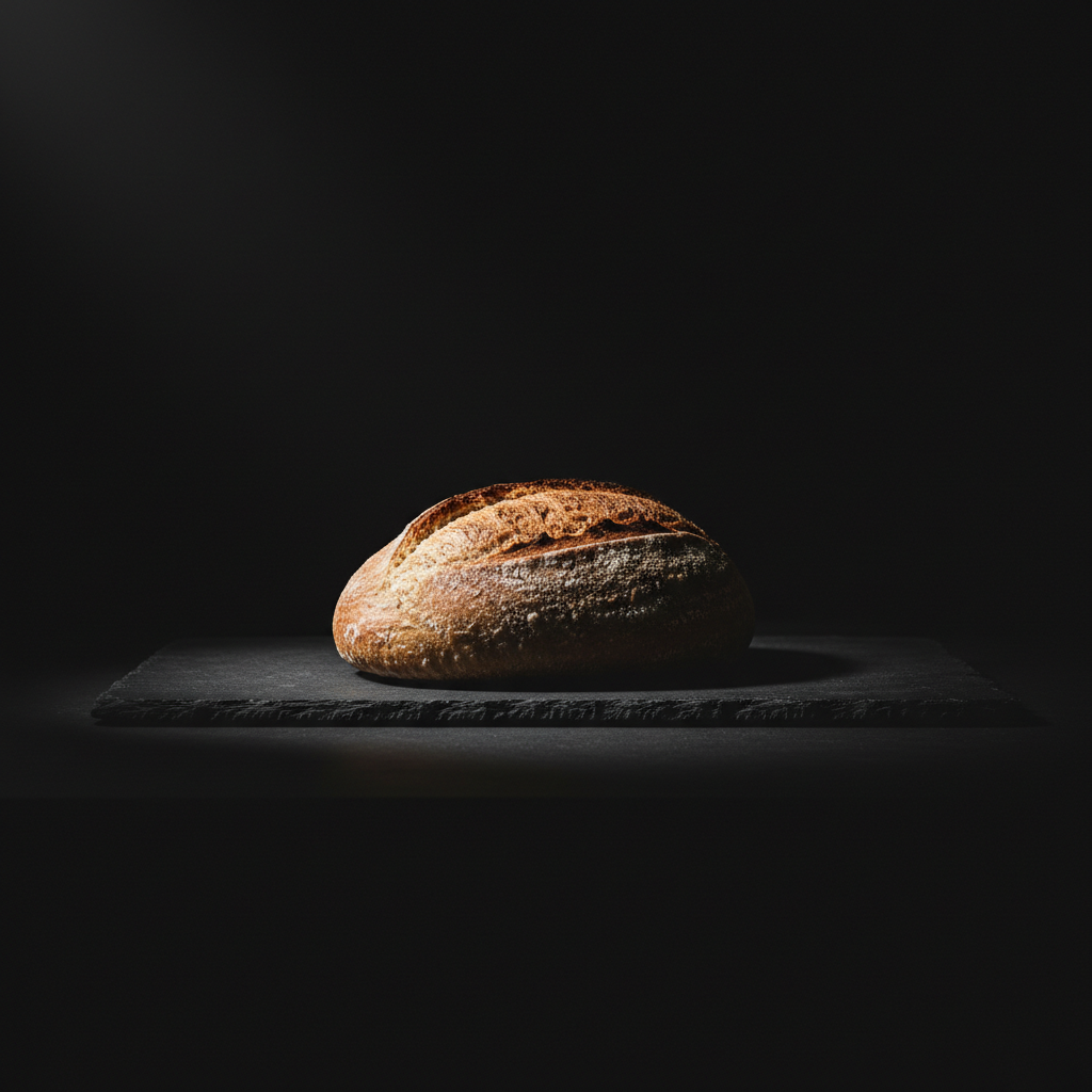 minimalist still life of a loaf of bread in dramatic shadow, dark art style
