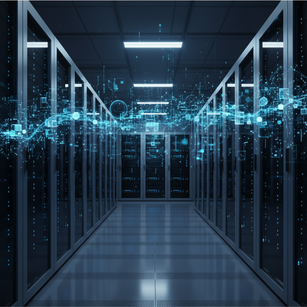 Modern server room with glowing blue lights, abstract capacity visualization