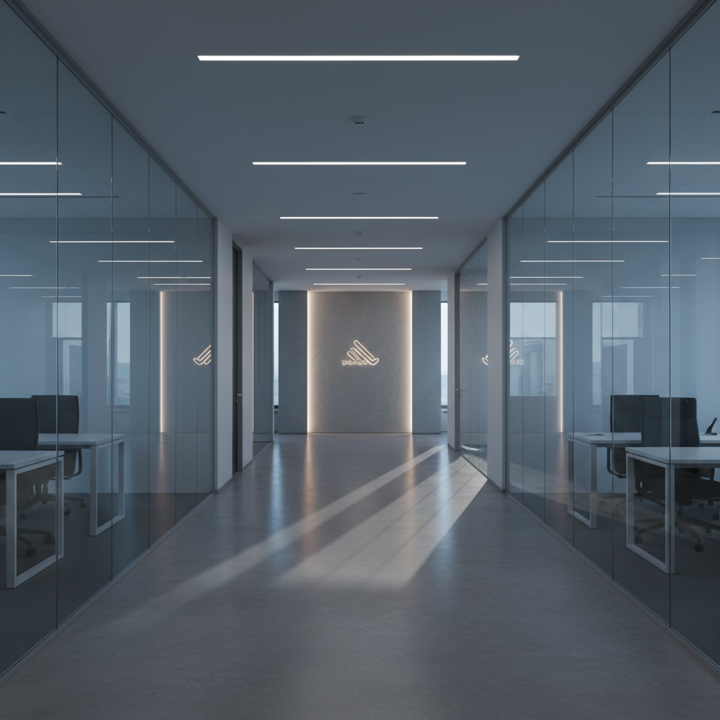 Modern office hallway empty and quiet, cinematic lighting, corporate setting