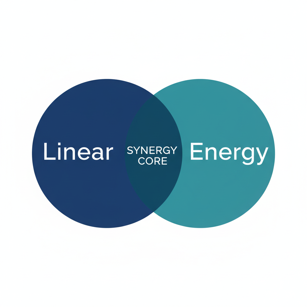 Minimalist corporate icon illustration showing two overlapping circles labeled Linear and Energy forming a synergy core, flat vector style, navy blue and teal colors