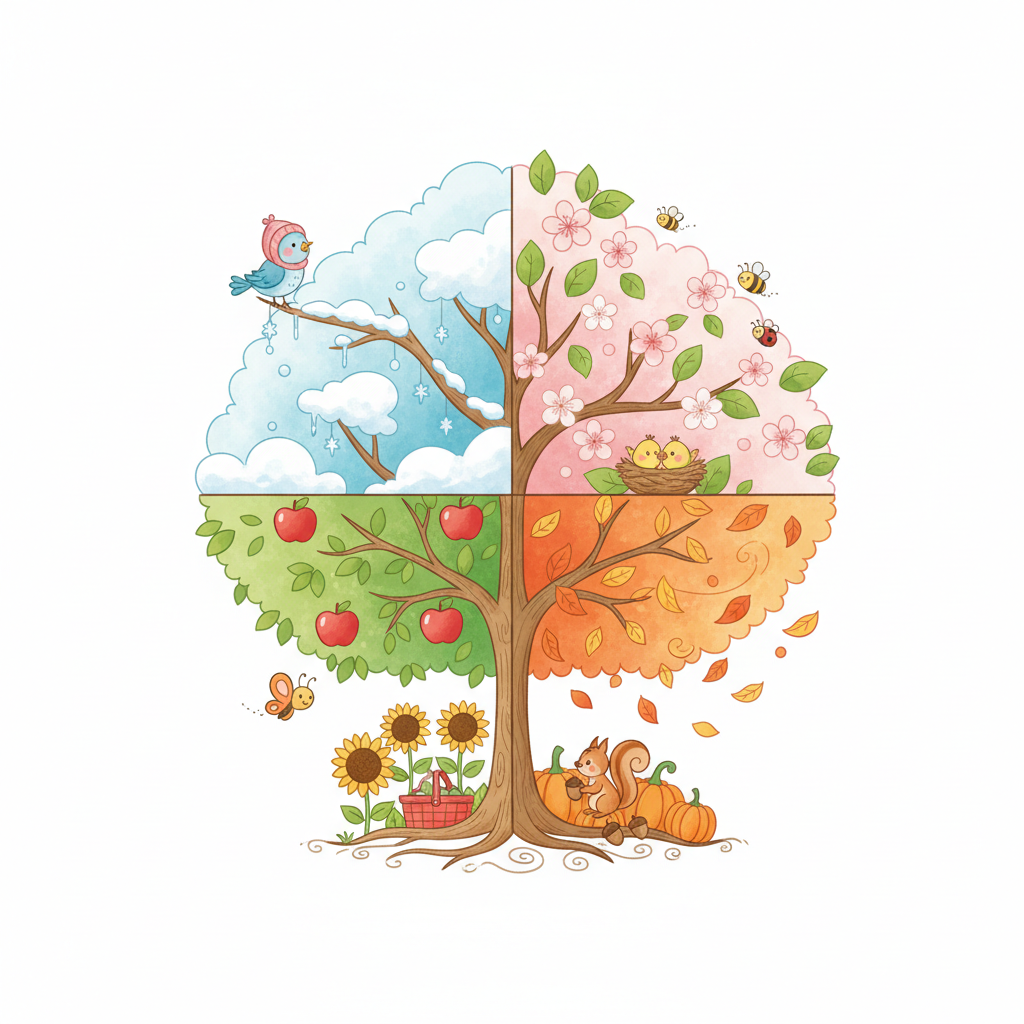 storybook illustration of a beautiful tree divided into four sections showing winter, spring, summer, and autumn, cute style for children, white background