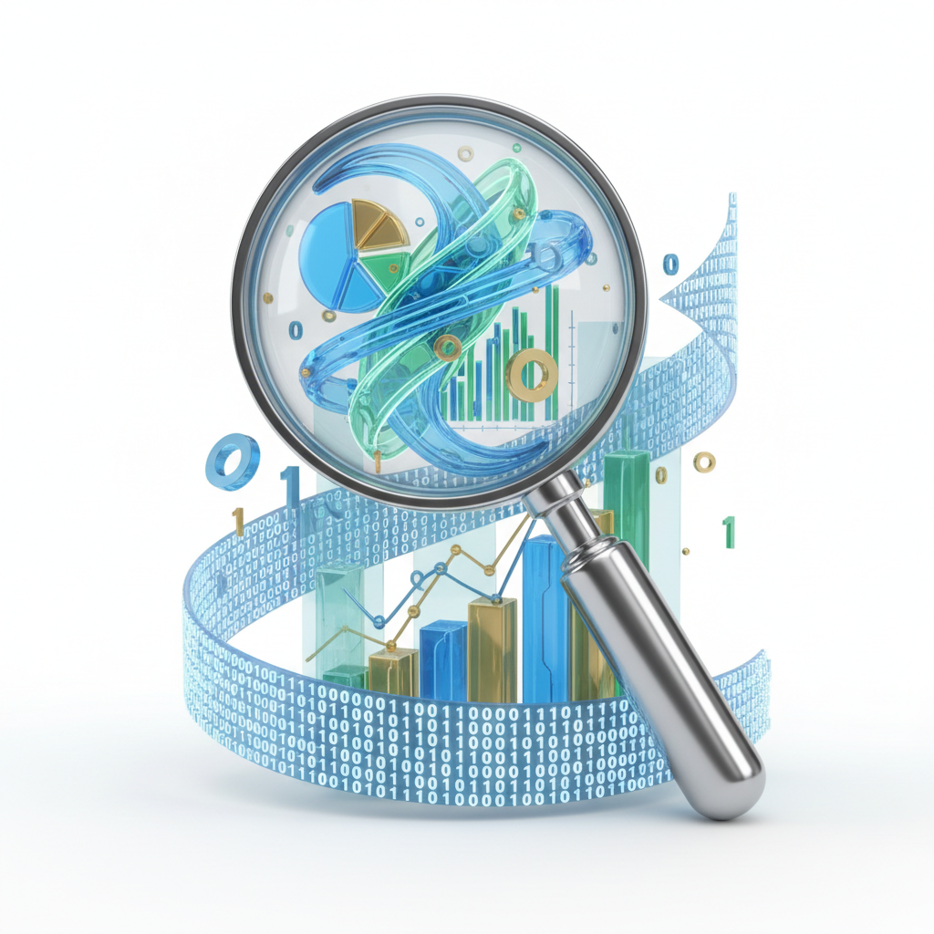Abstract representation of research methods, combining magnifying glass with data charts and binary code, elegant 3D style, white background