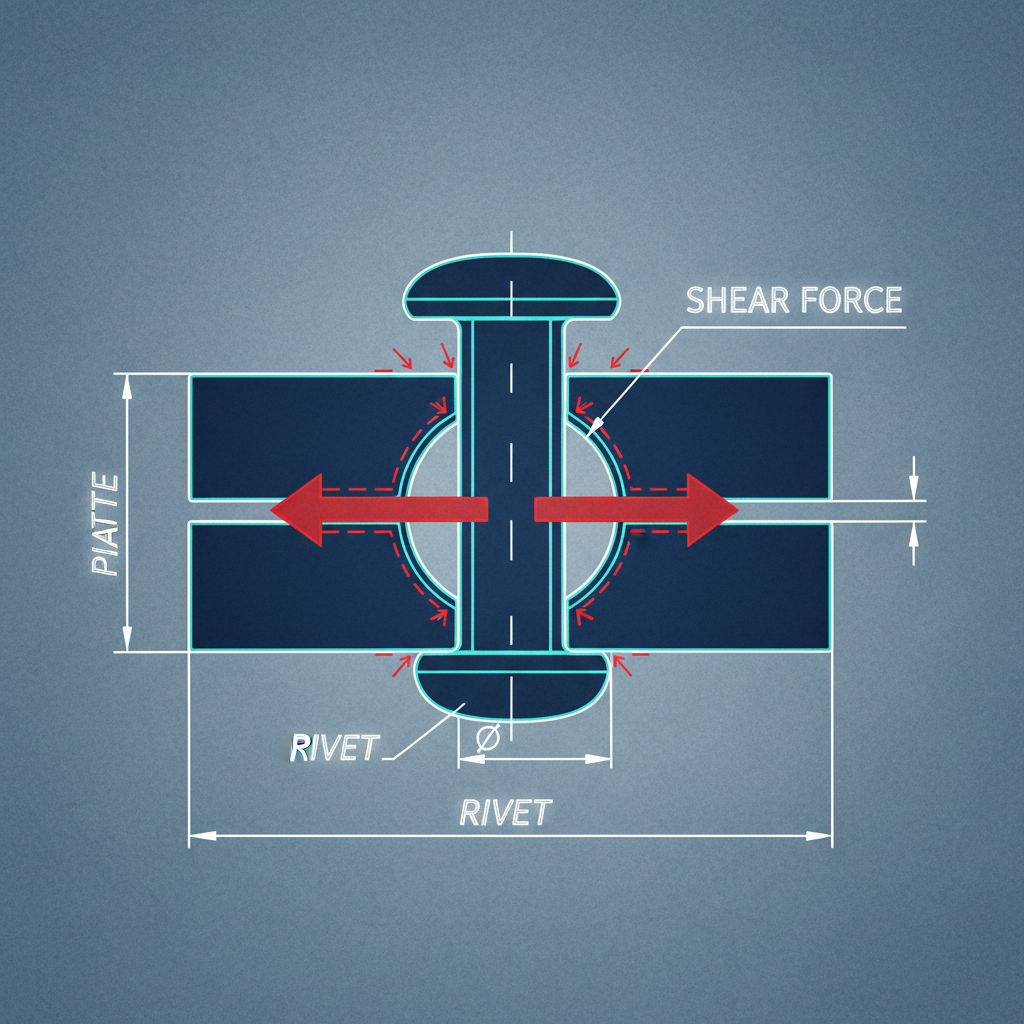 close up technical drawing of a rivet joint in cross section showing shear forces, blueprint style