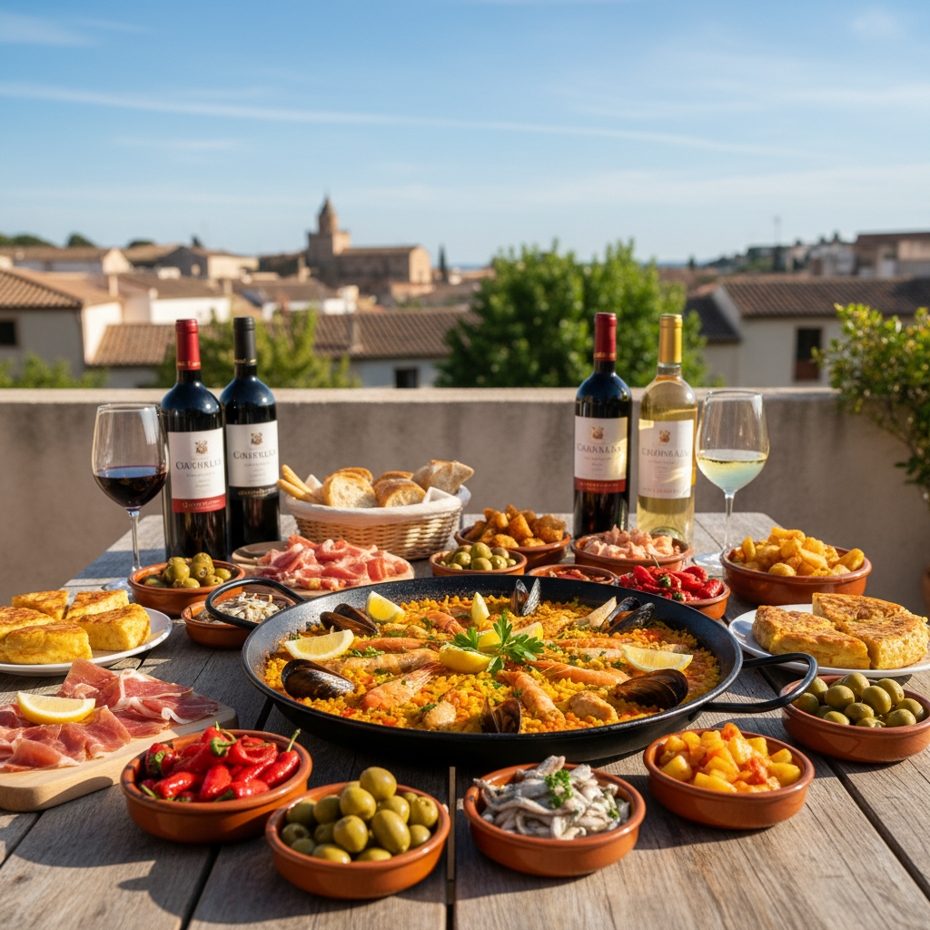 Spanish tapas spread paella wine sunny terrace