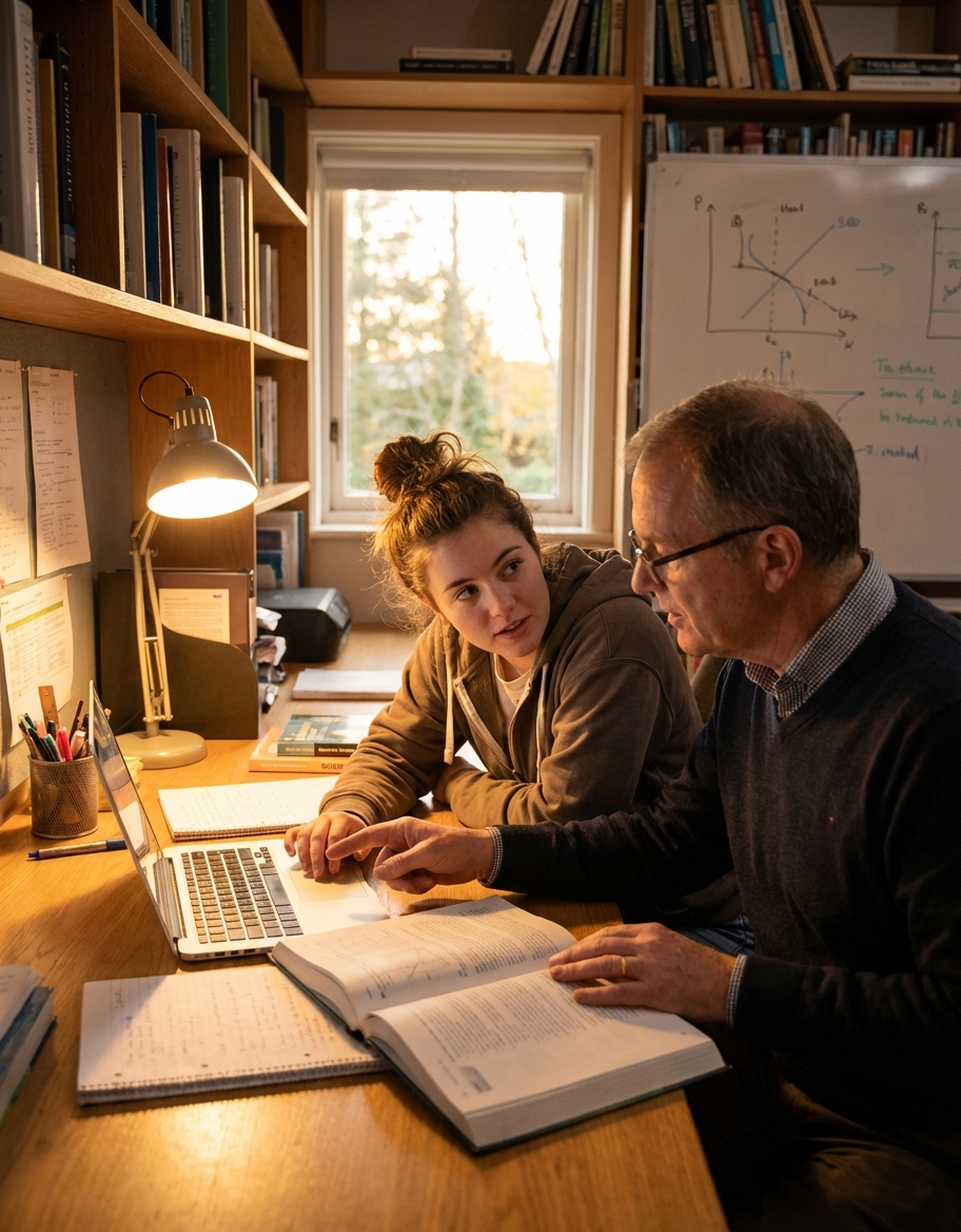 student studying with a tutor at a desk, warm lighting, educational setting, photorealistic style