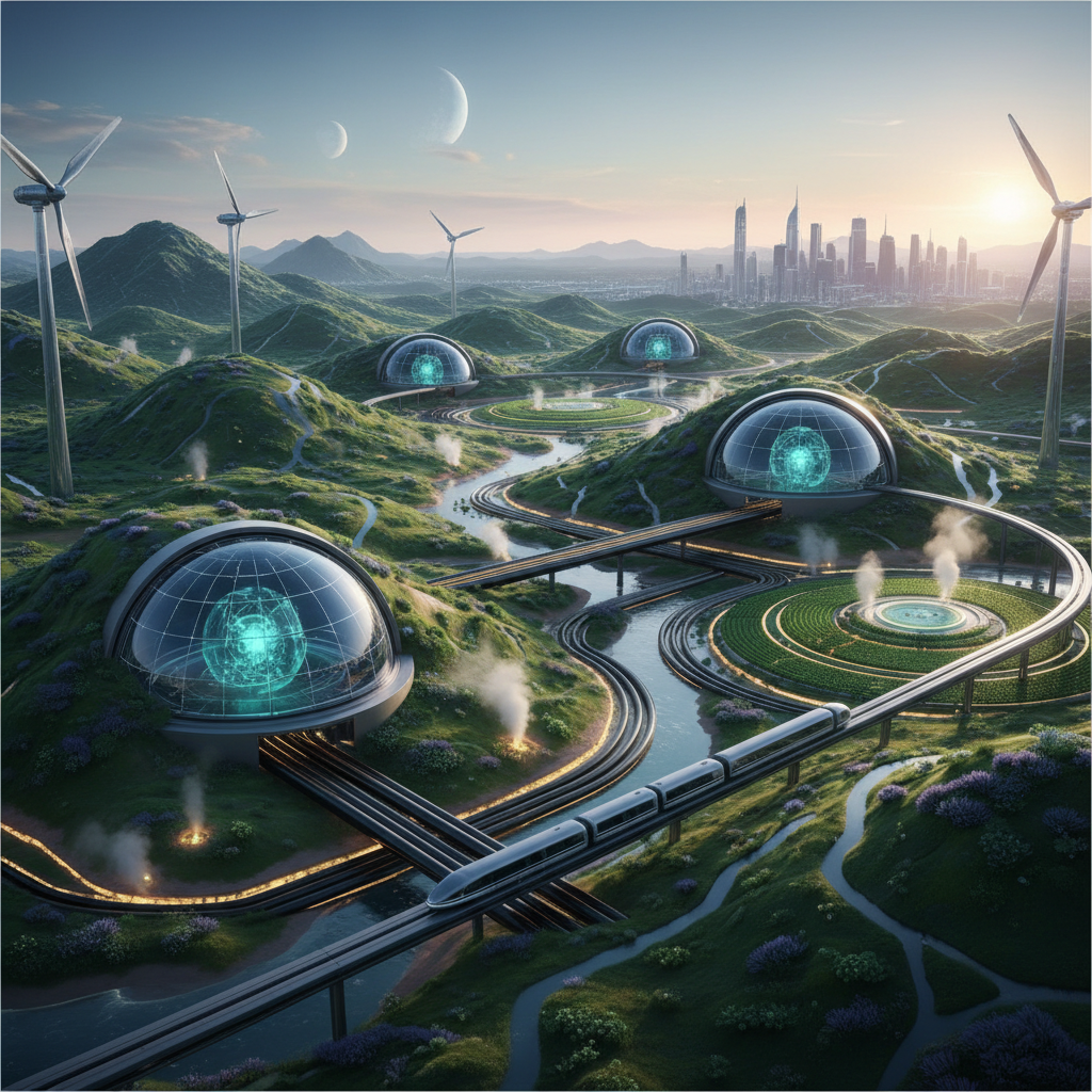 Futuristic clean energy landscape with geological storage facilities integrated into nature, hyperrealistic, inspiring