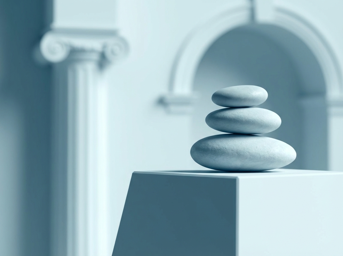 Abstract representation of financial stability, balanced stone scales or strong architectural foundation, blue and white tones