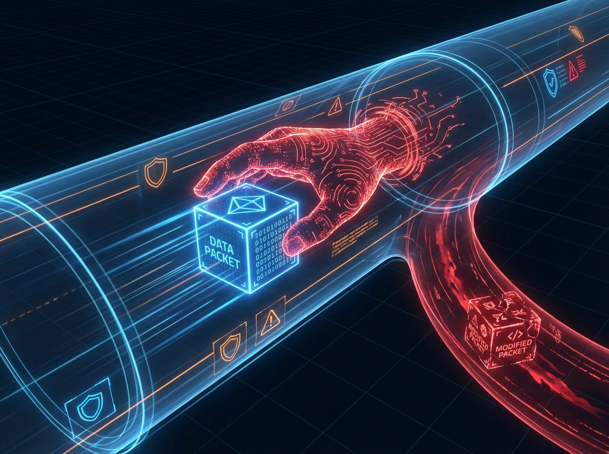 Conceptual illustration of a data packet moving through a digital tunnel, being intercepted and modified, cybersecurity style