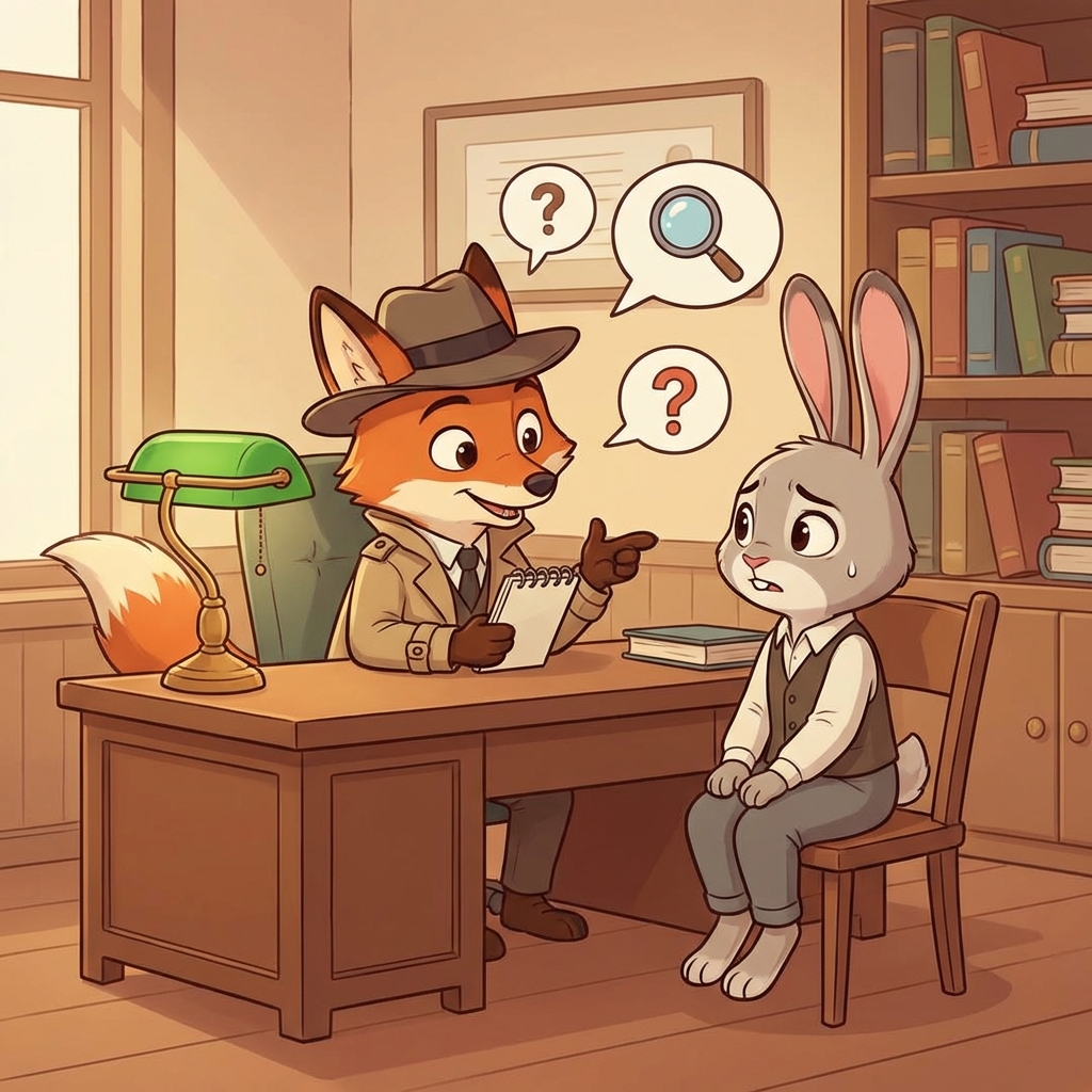 Two cute cartoon animals sitting at a table with a lamp, one asking questions to the other, detective style