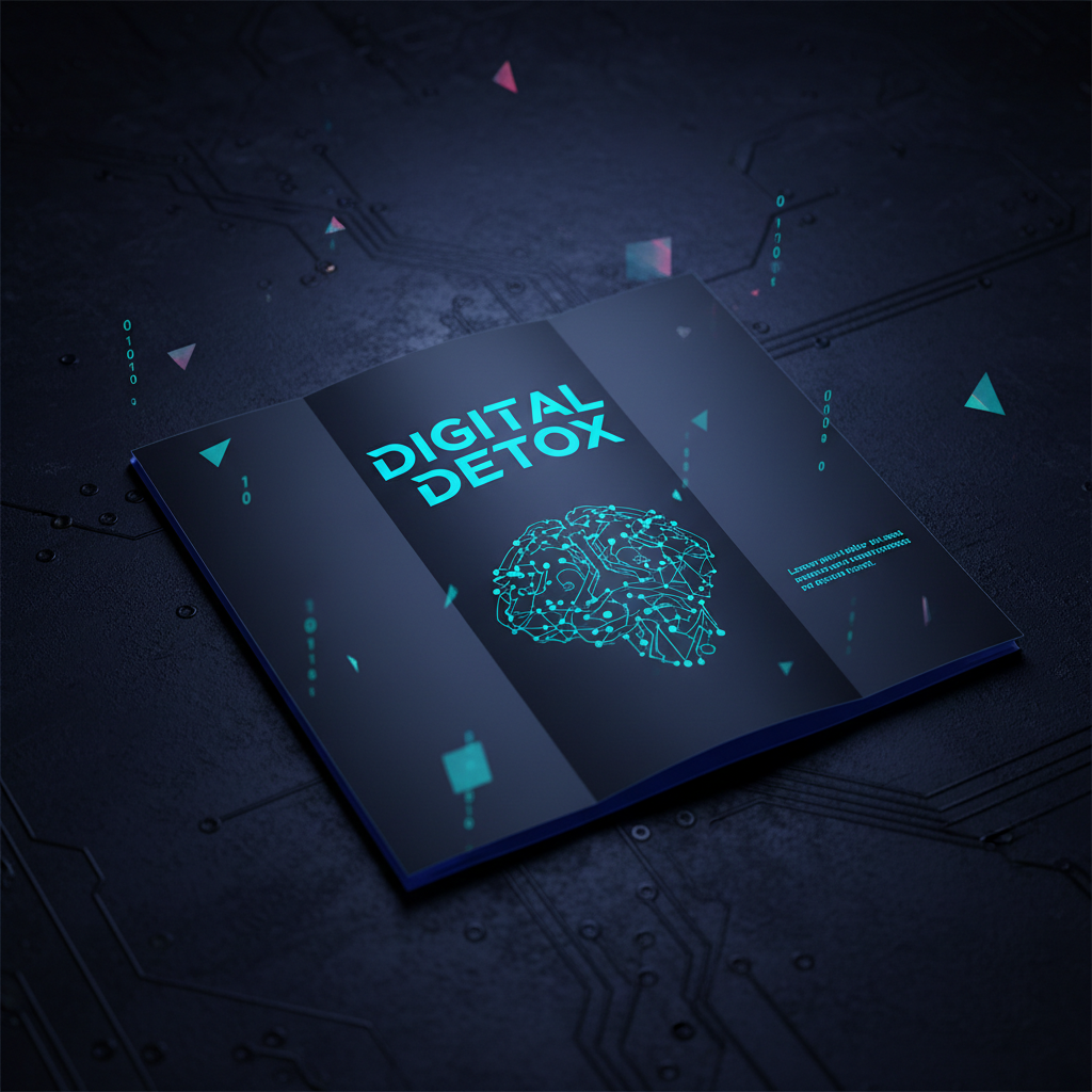 mockup of a folded tri-fold brochure titled Digital Detox lying on a dark textured surface, illuminated by neon cyan light, cyberpunk tech vibes