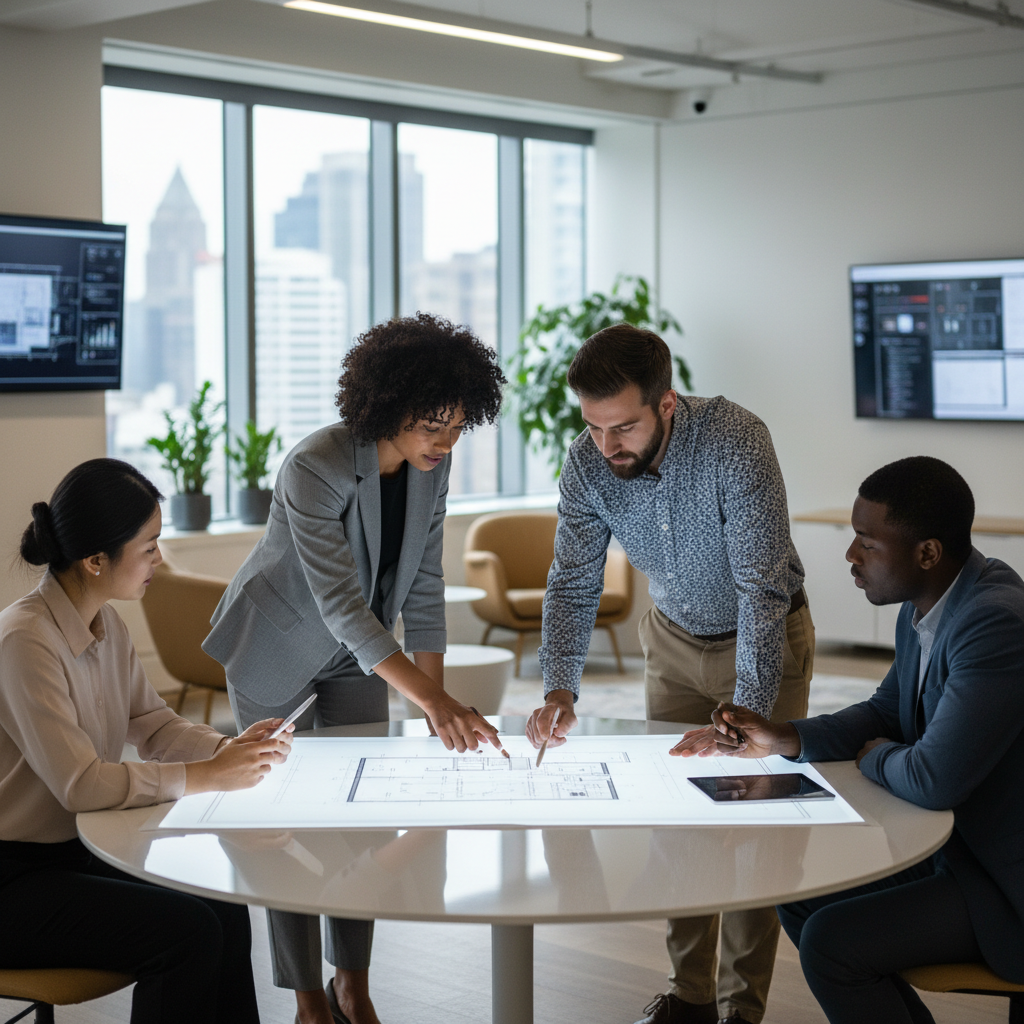two professionals discussing a blueprint at a modern table, one pointing, office background, diverse team, photorealistic