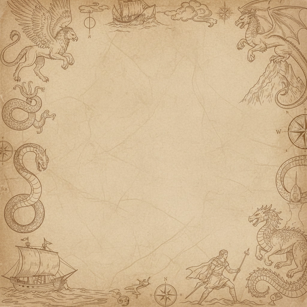 ancient parchment background with faded ink illustrations of mythical creatures, bordering the edges, fantasy map style, minimal, sepia tones