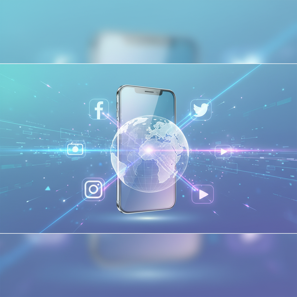Futuristic clean layout showing a smartphone with social media icons floating in the air, connecting to a globe, digital art
