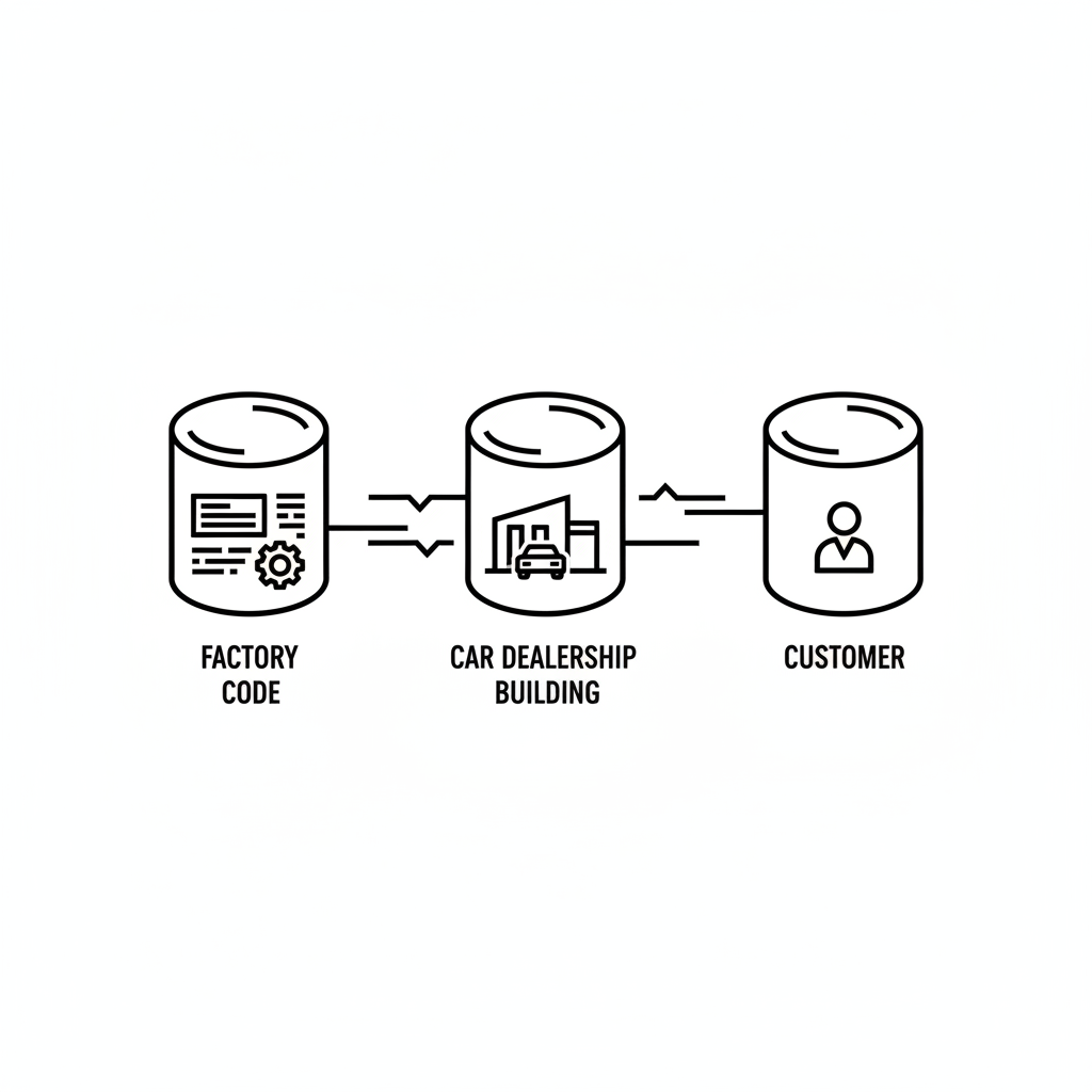 minimalist diagram showing disconnected silos between factory code, car dealership building, and customer, black and white vector style