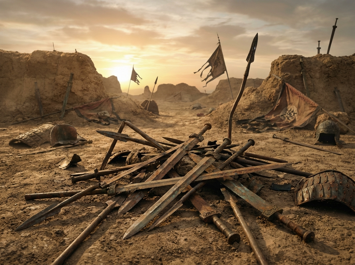 A pile of broken bronze swords and bent spears on a battlefield, dusty, ancient china aesthetic, realistic style