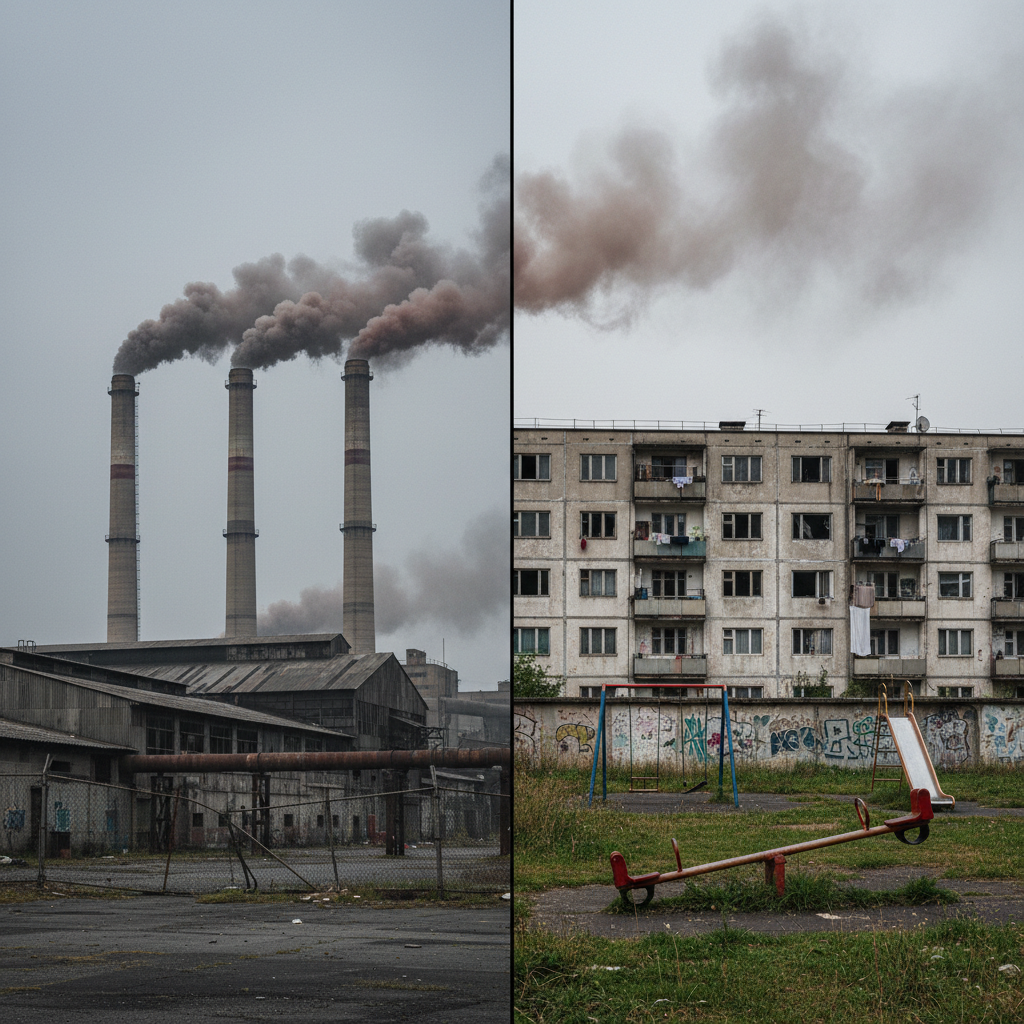 Contrast photo showing industrial factory smoke stacks directly next to a run-down playground or housing estate