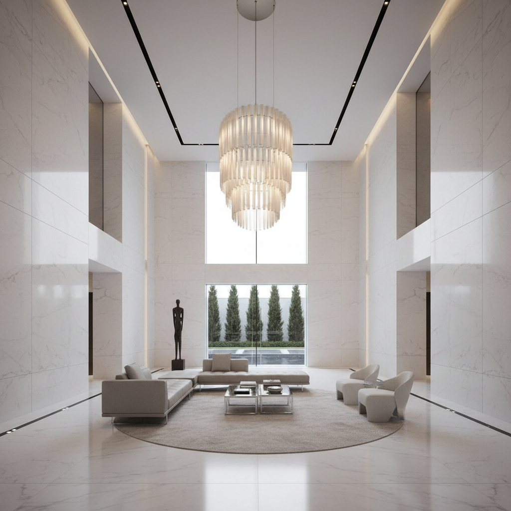 Minimalist high-end modern architecture lobby featuring extensive white marble flooring and walls, cinematic lighting, 8k resolution, ultra realistic