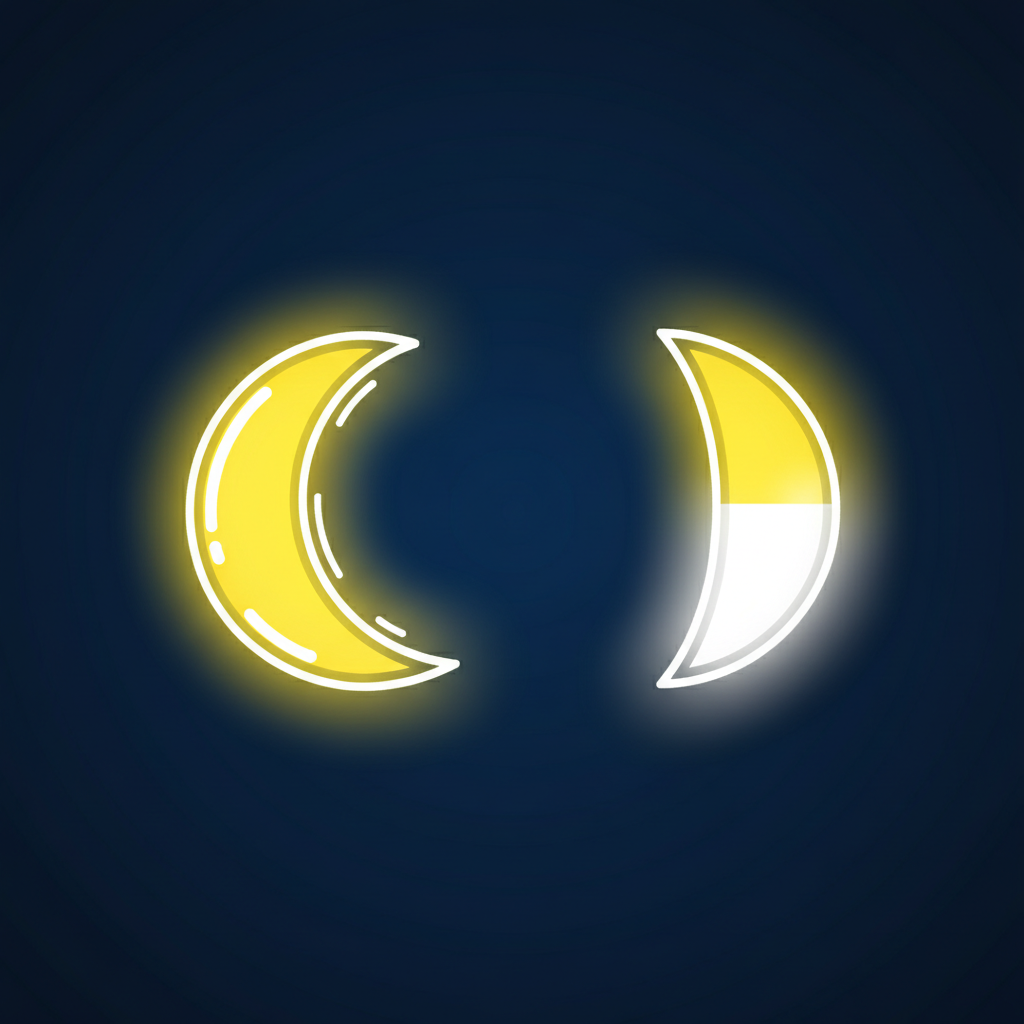 vector illustration of a glowing crescent moon and a half moon side by side, bright yellow and white on dark blue, flat style