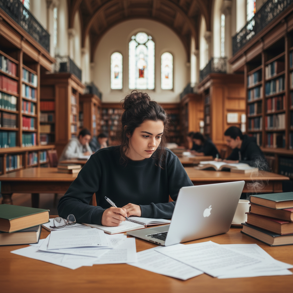 Student sitting at a desk with a laptop and open books looking focused, library background, photorealistic