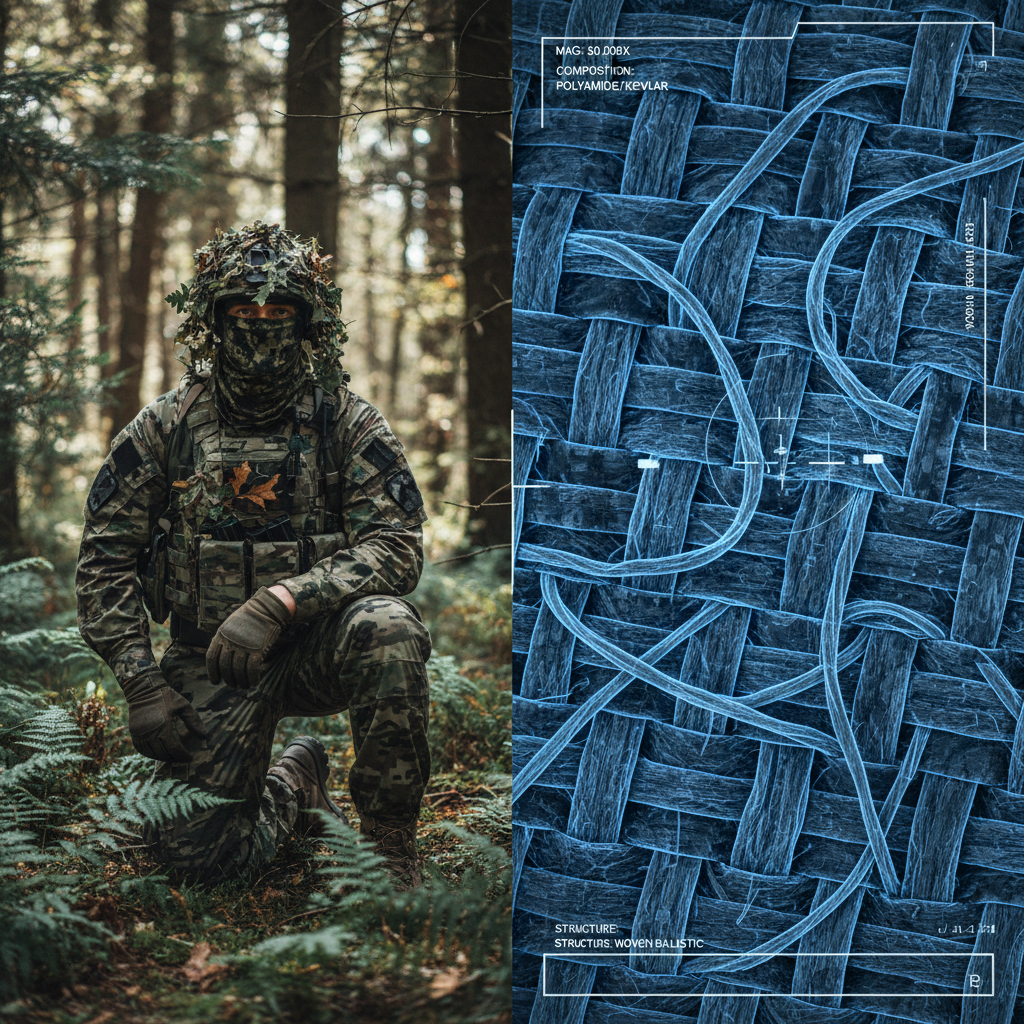 Split screen image: Left side shows a tactical figure blending into a forest environment, Right side shows a high-magnification scanning electron microscope (SEM) close-up of woven synthetic fibers, realistic, high definition, blue and white technical overlay style