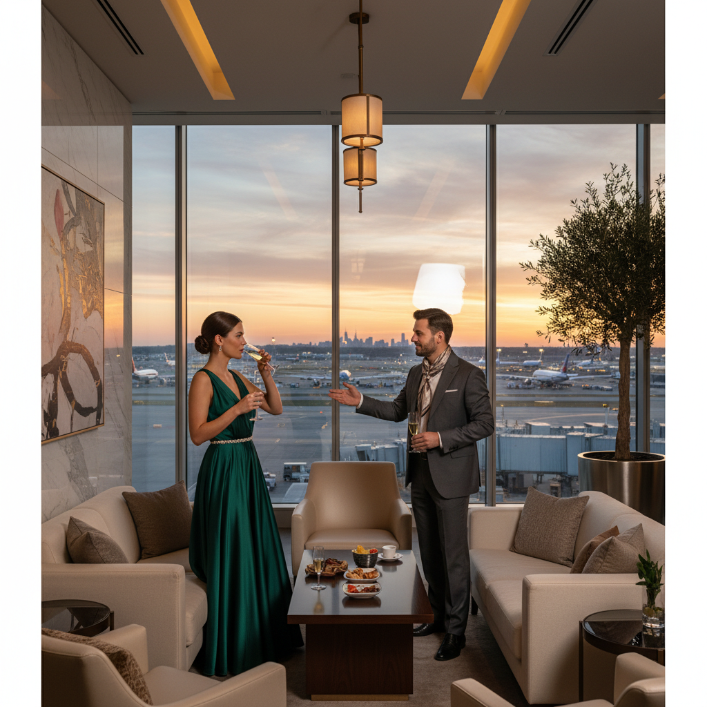 Couple enjoying luxury airline lounge with panoramic airport view, sunset, premium fashion, photorealistic 8k