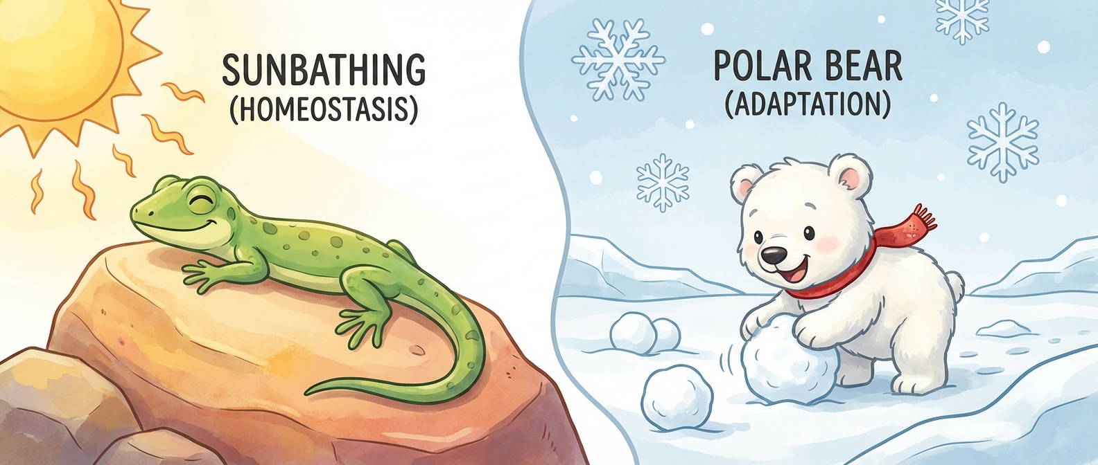 cartoon illustration showing a lizard sunbathing on a rock to get warm versus a polar bear playing in the snow feeling totally fine