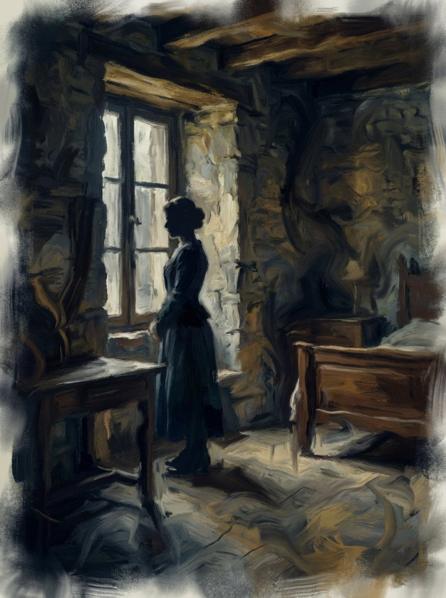 Abstract artistic interpretation of a woman silhouette standing near a window in a gloomy room, shadows, oil painting style, muted colors, early 20th century shtetl atmosphere