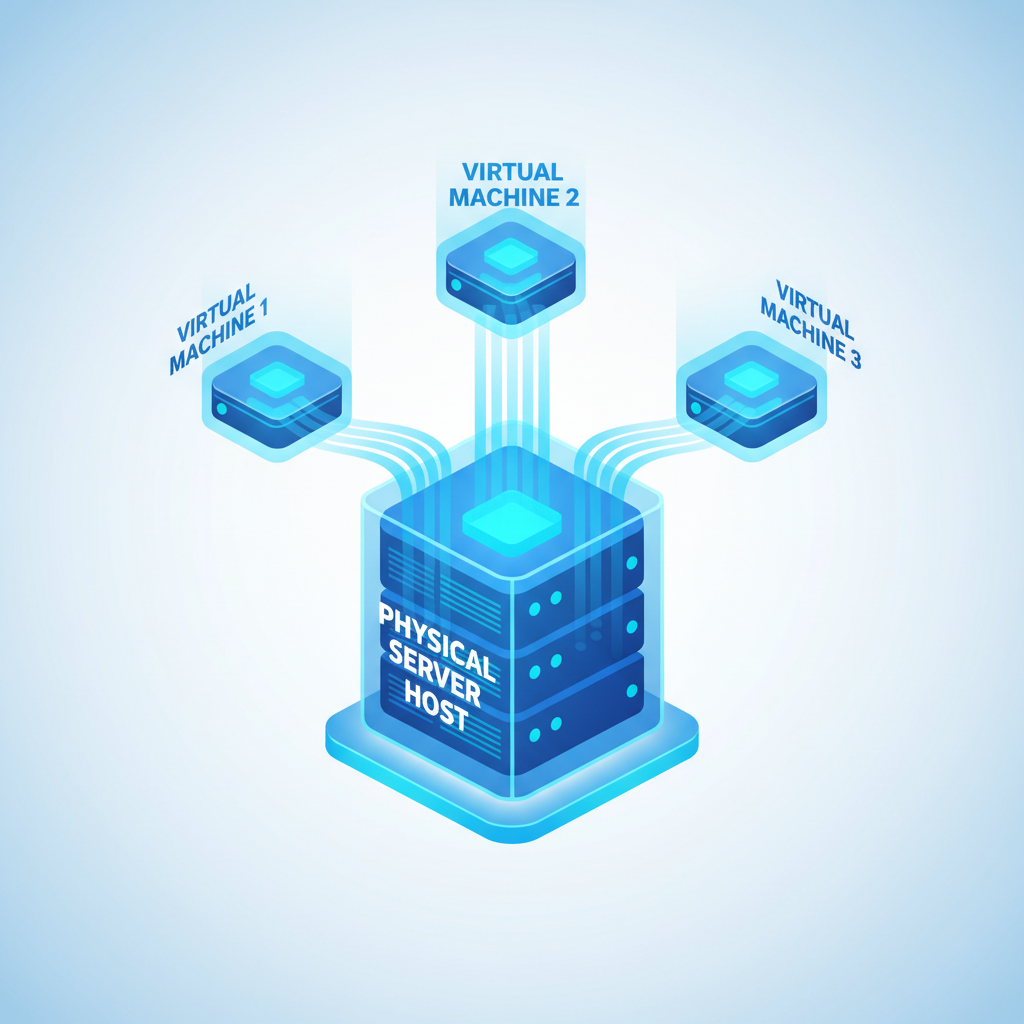 diagram showing physical server host splitting into multiple virtual machines, stylized 3d graphic, blue and cyan