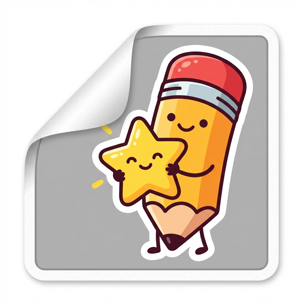 corner decoration, cute pencil character holding a star, sticker style, vector