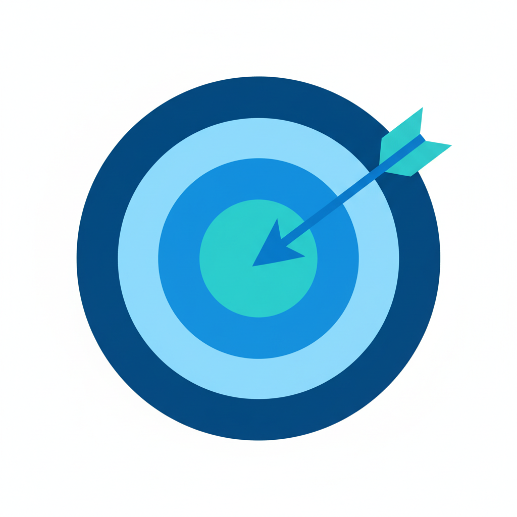 minimalist flat illustration of a target arrow hitting the bullseye, white background, corporate clean style blue and teal