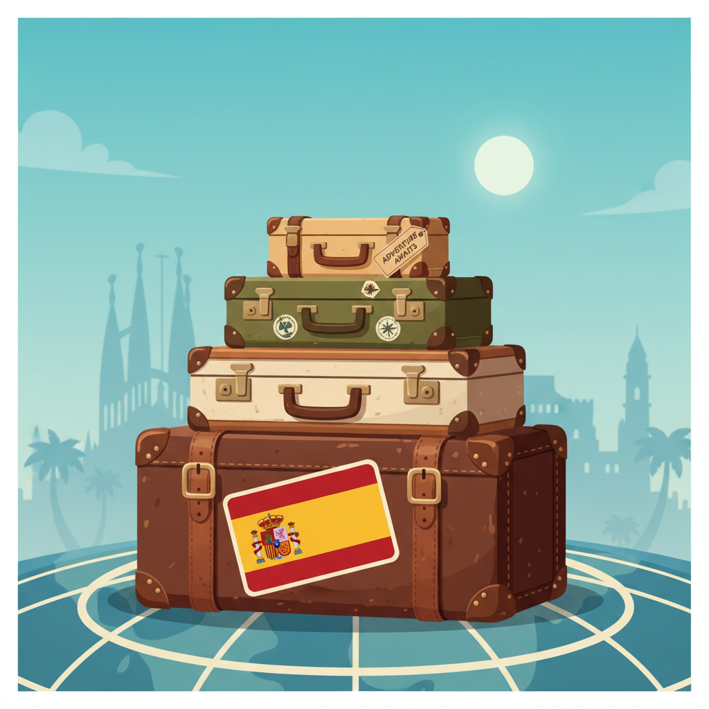 illustration of travel suitcases with a Spanish flag sticker, travel concept