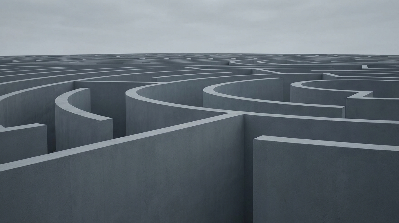 monotonous repetitive grey maze walls, endless loop, gloomy atmosphere, minimalist style