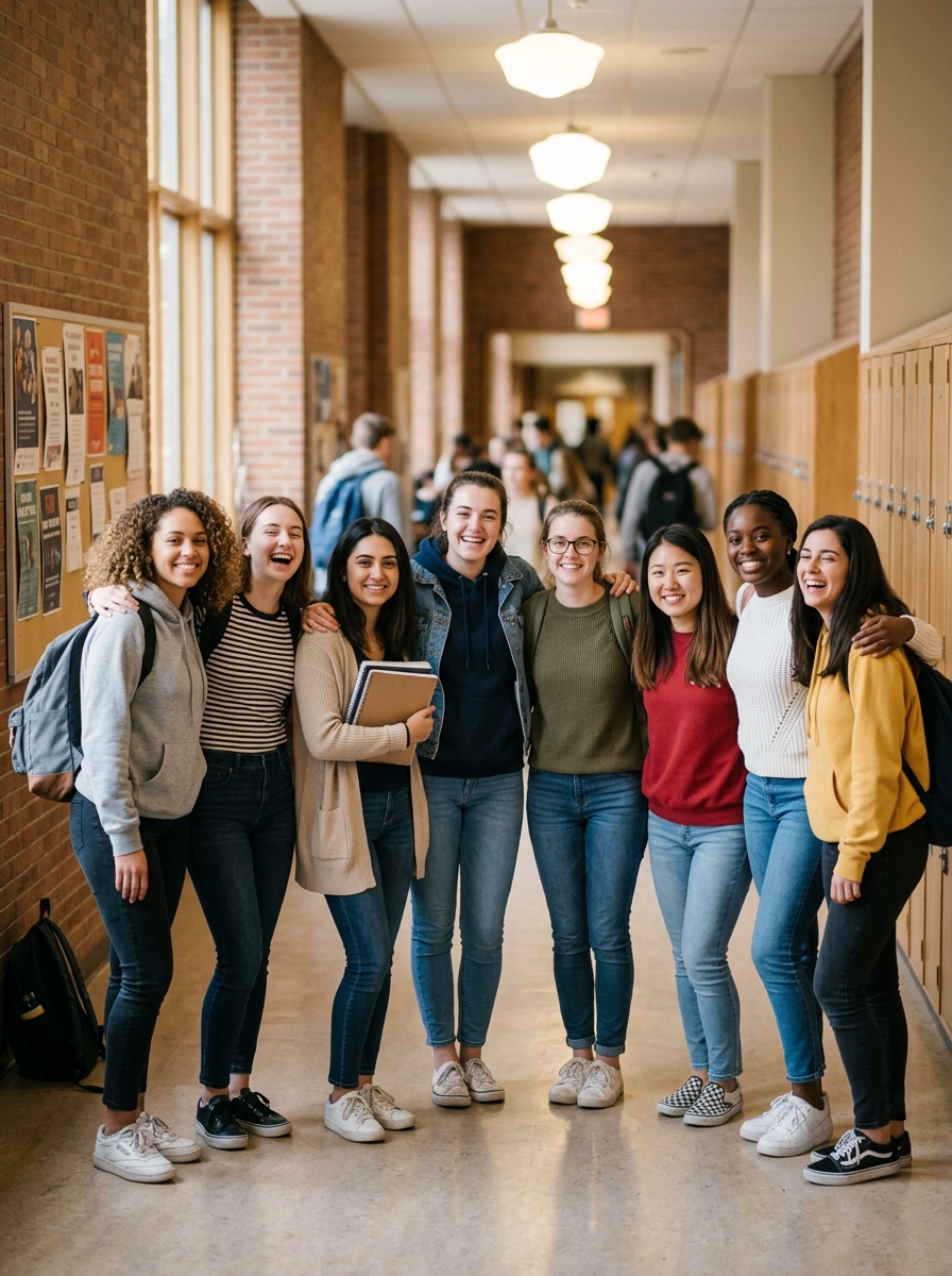 Young students standing together in university hallway