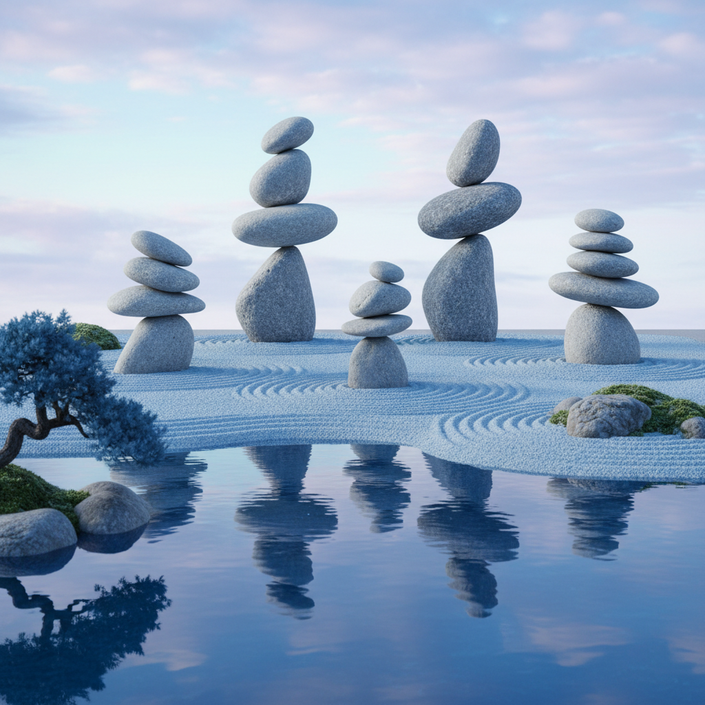 zen garden stone balancing or cartoon ninja holding a shhh sign, peaceful blue tones